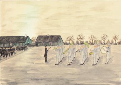 The drawing shows a group of prisoners with musical instruments lined up in rows at the roll call square. They are led by a conductor while people in black uniforms march to the left.  Trees and buildings can be seen in the background.